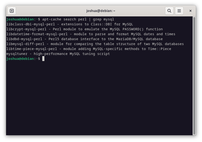 Listing Perl MySQL related packages on Debian Linux via apt search command