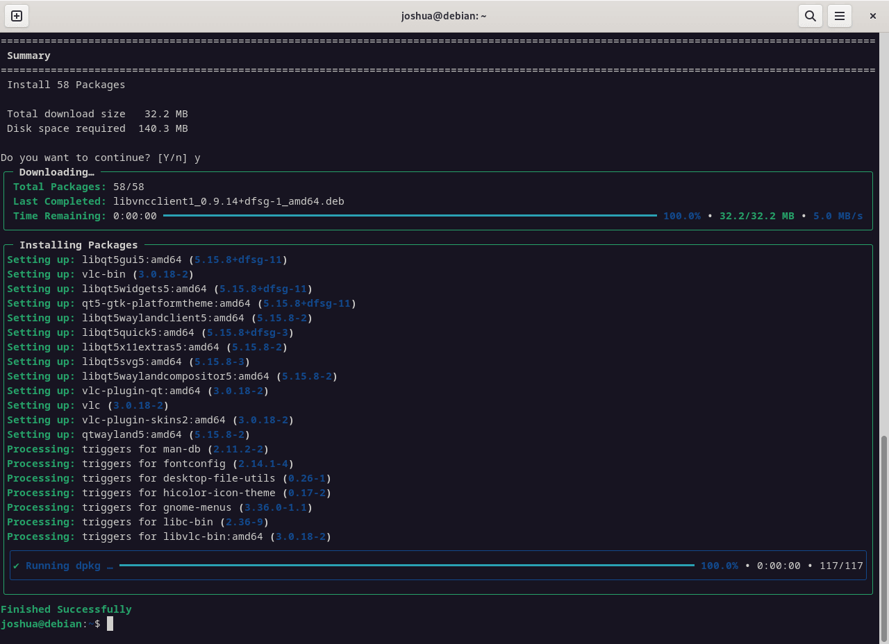 Nala installed a package successfully on Debian Linux