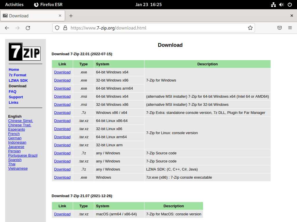 7-Zip website to download archives on Debian