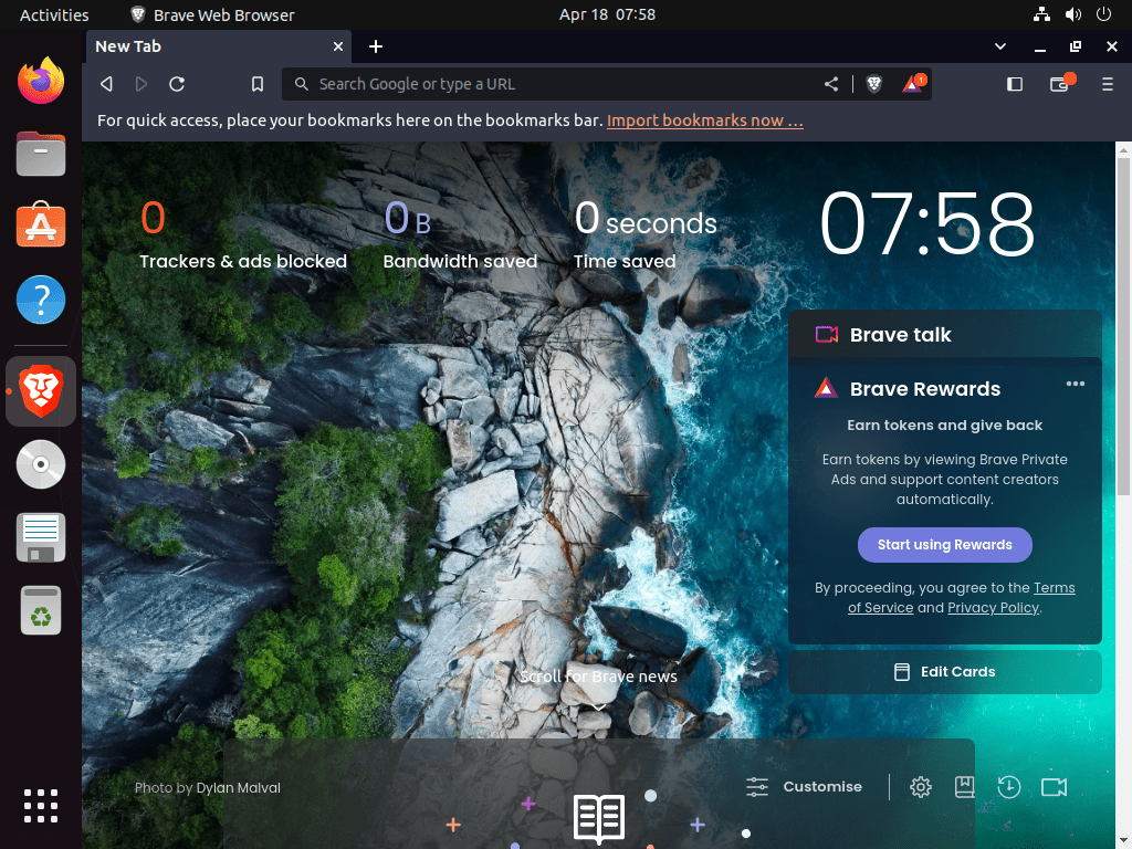 Página inicial padrão do Brave Browser no Ubuntu