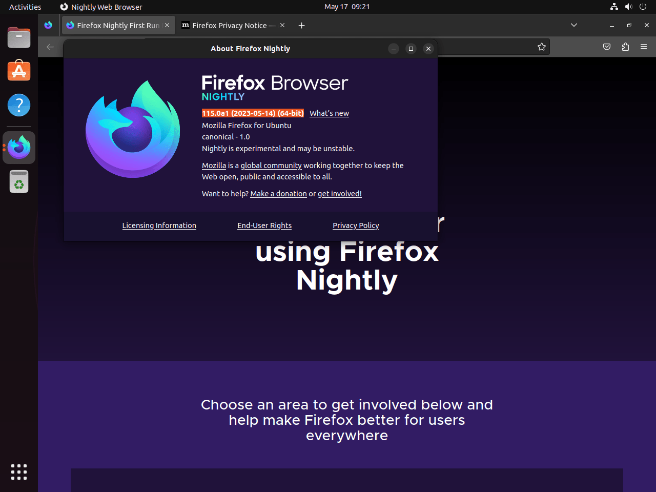 Firefox Developer Nightly Browser installeret på Ubuntu Linux