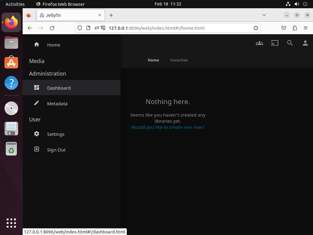 Jellyfin Media Server dashboard on Ubuntu