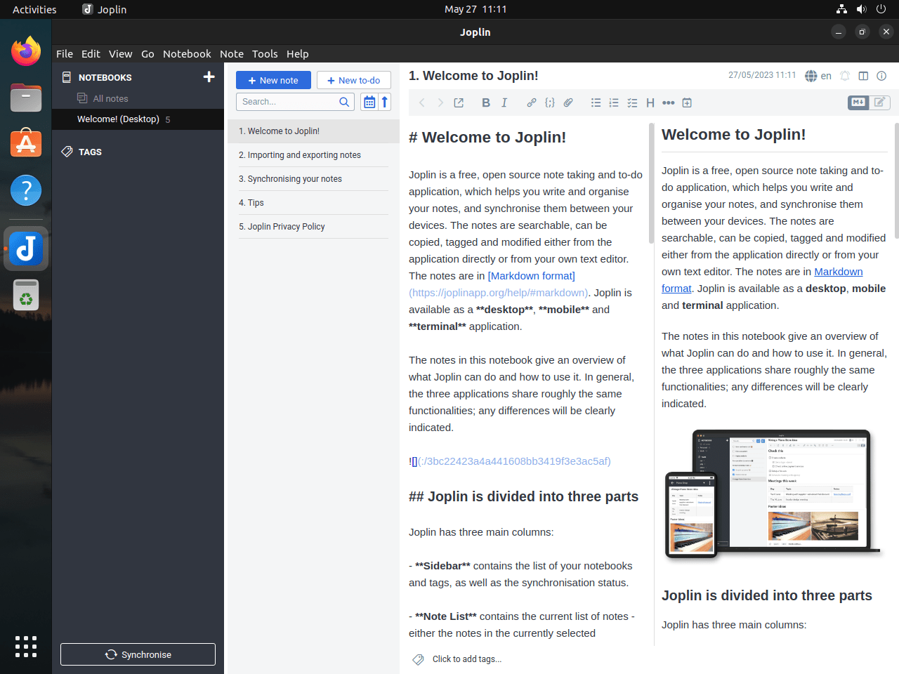 Joplin standard UI på Ubuntu Linux