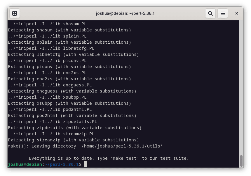 Successful make build of Perl on Debian Linux