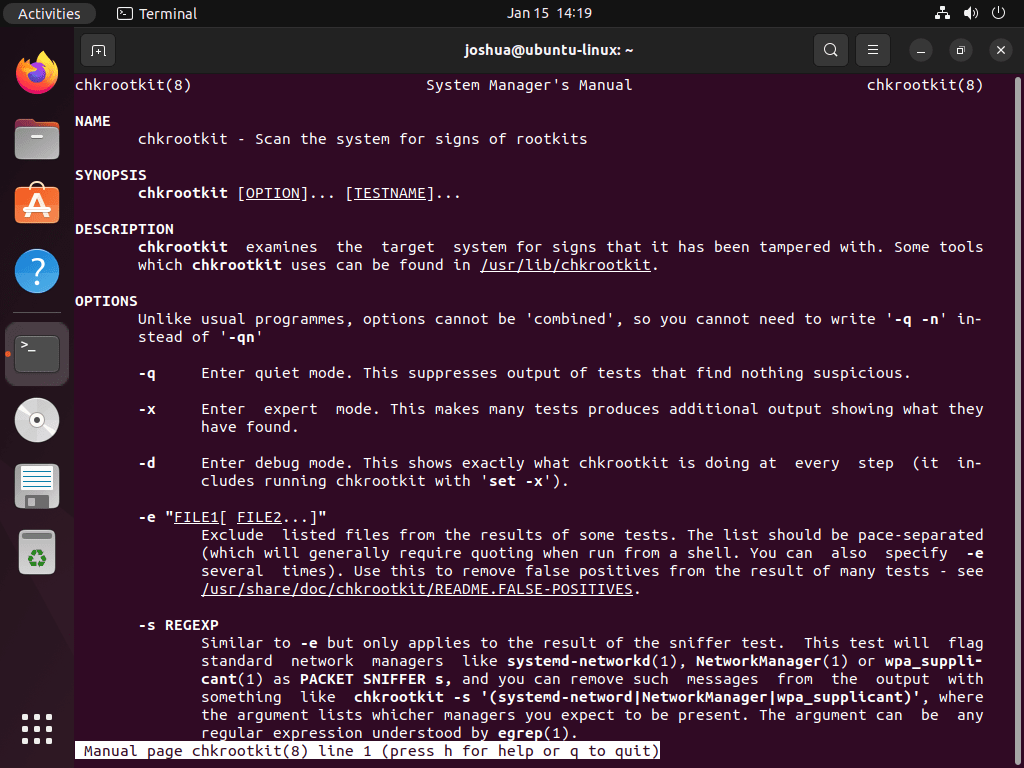 Ubuntu 上 Chkrootkit 的手動指令輸出