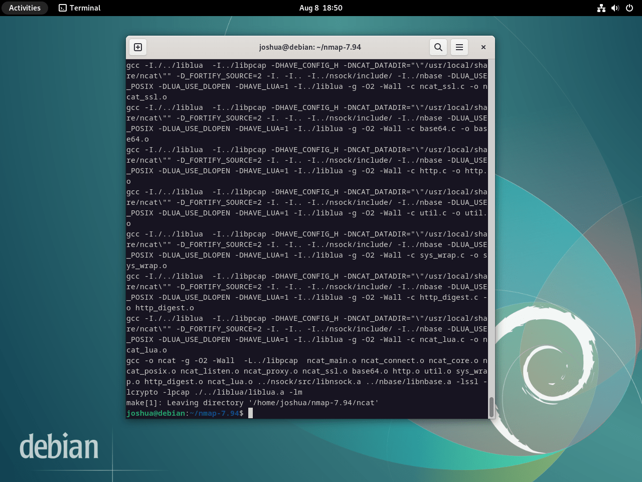 Nmap make build completed on Debian Linux