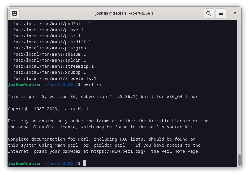 Perl version output after compiling from source on Debian Linux