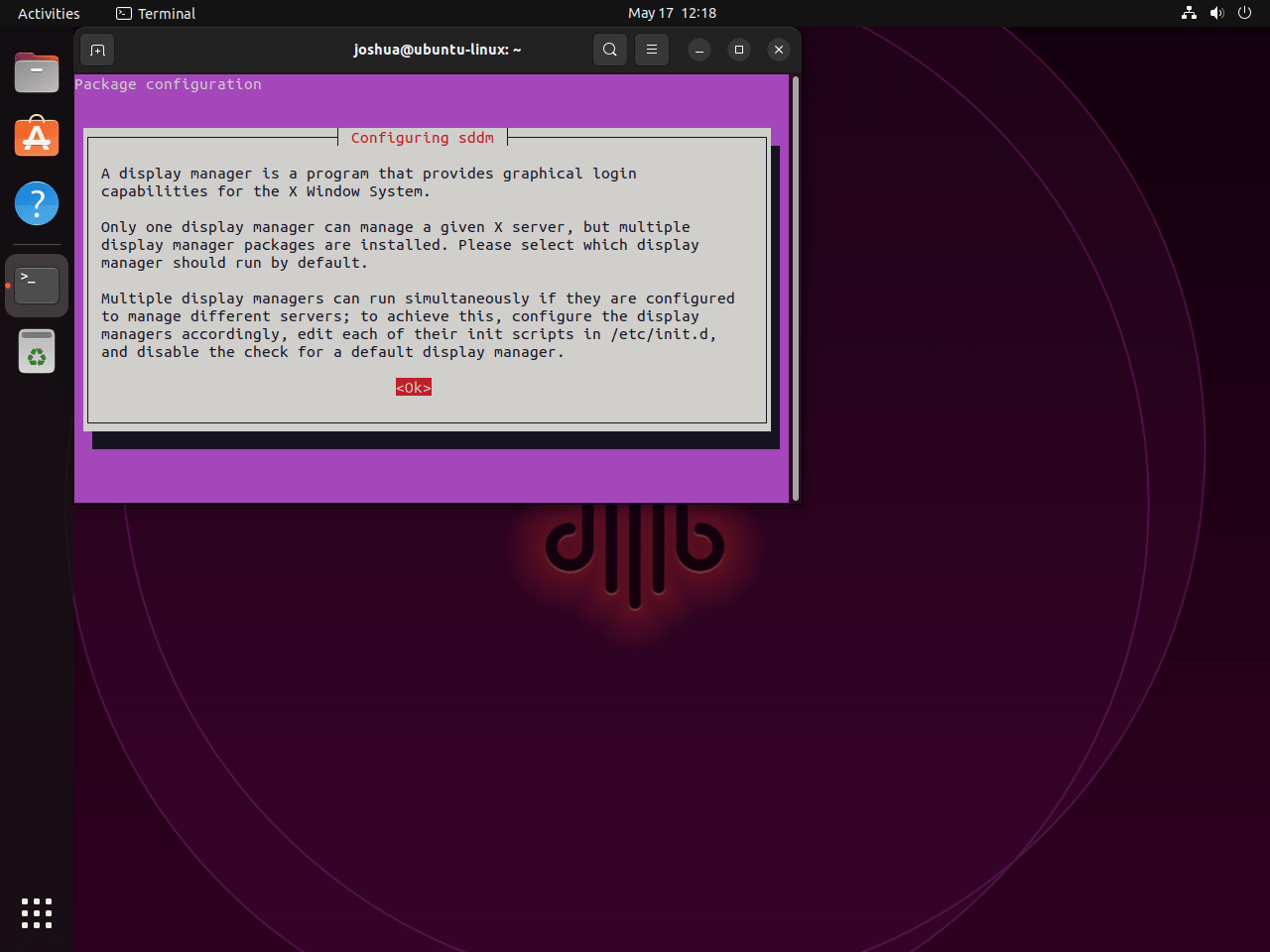 Ubuntu Linux의 KDE 플라즈마에 대한 SDDM 디스플레이 관리자 경고