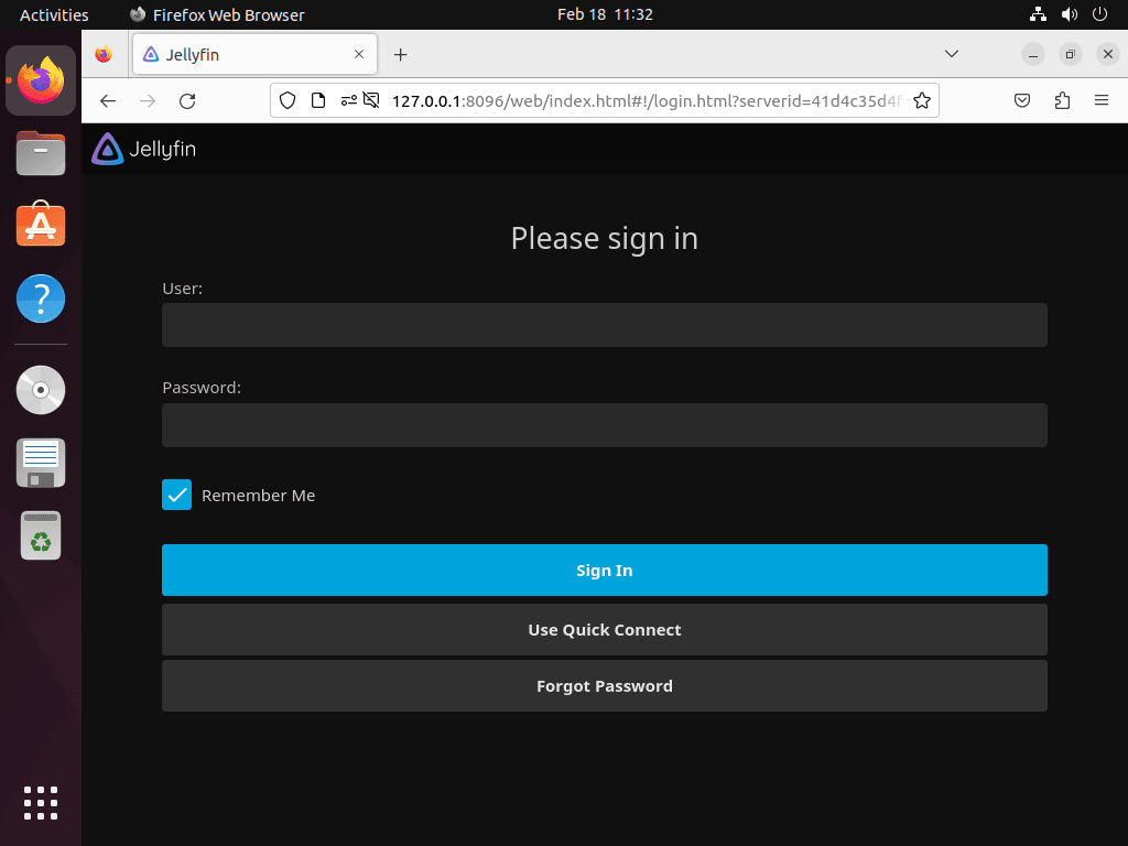 Sign-in screen for Jellyfin Media Server on Ubuntu