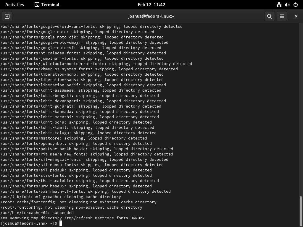 Terminal output after installing Microsoft Fonts package on Fedora Linux