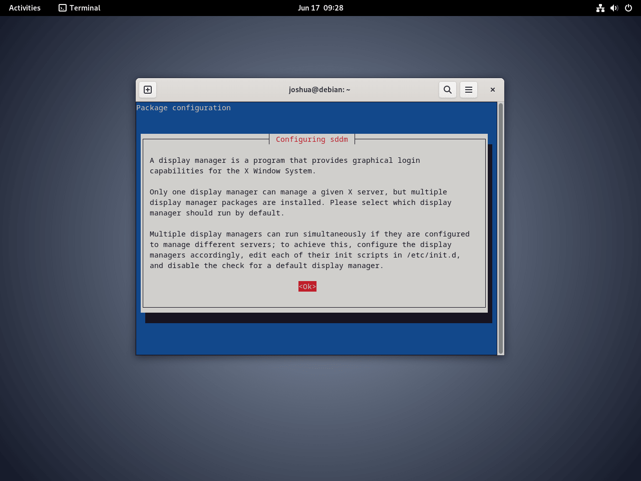 Advarselsmeddelelse om installation af SDDM til KDE Plasma på Debian Linux