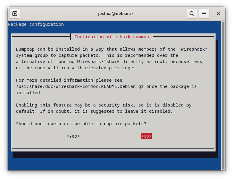 Wireshark prompt for non-sudo users on Debian Linux