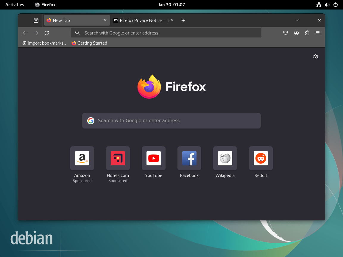 Browser Firefox terbuka dan siap digunakan di Debian Linux