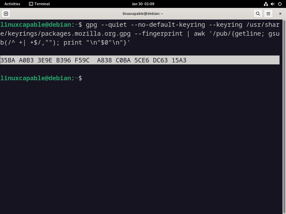 Firefox GPG-sleuteltestuitvoer op Debian Linux-terminal
