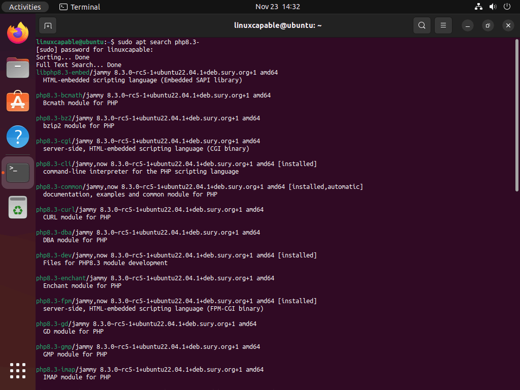 Pesquisa de extensões PHP 8.3 no Ubuntu Linux