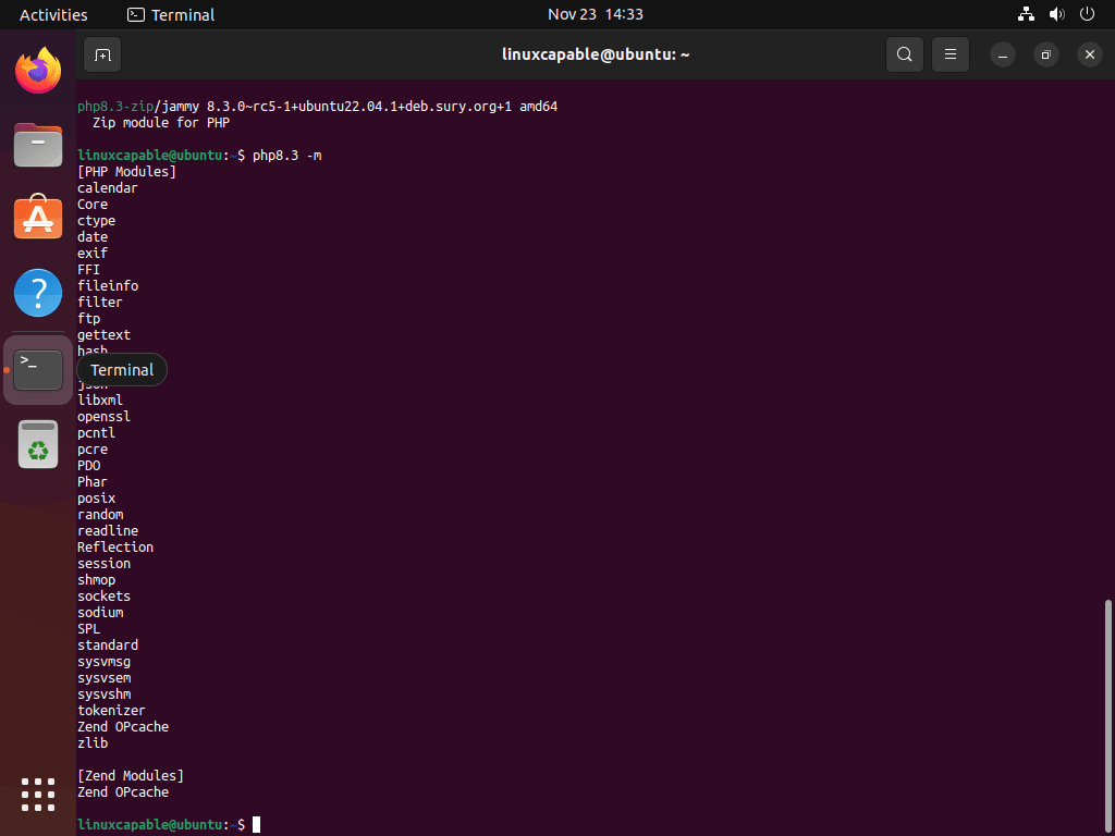 Extensiones PHP 8.3 instaladas en Ubuntu Linux
