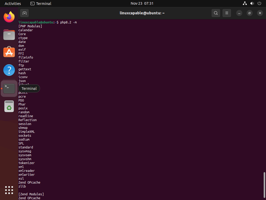 Ubuntu Linux에 설치된 PHP 8.2 모듈 나열