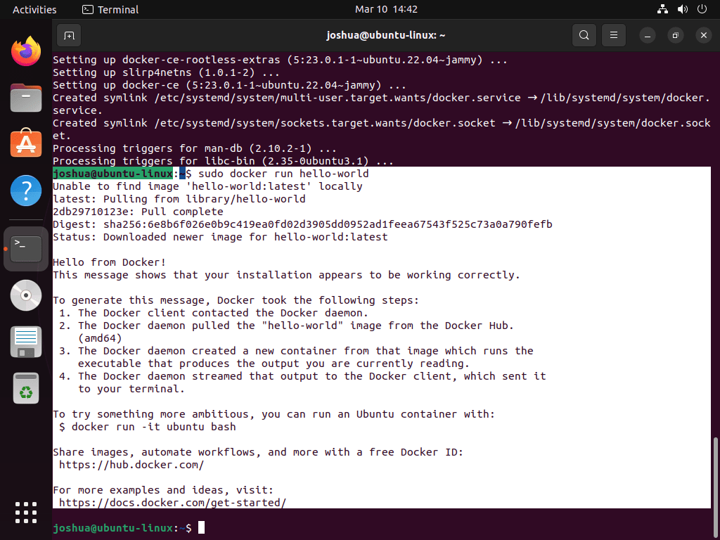 Docker Hello World test on Ubuntu