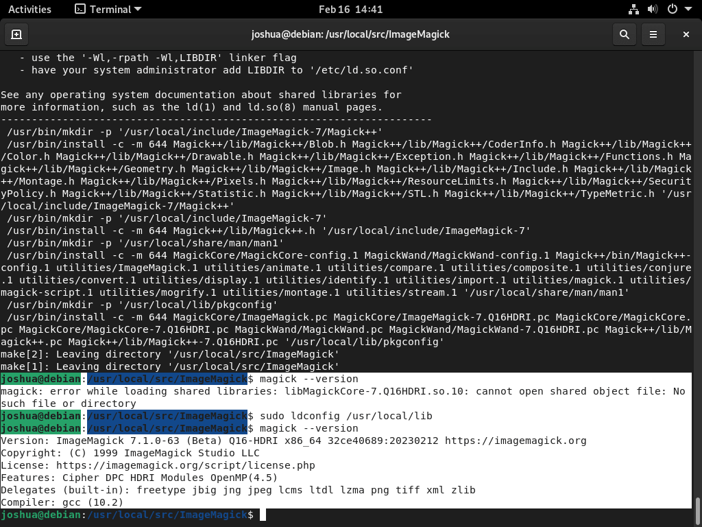 Output versi ImageMagick dan perintah ldconfig di Debian