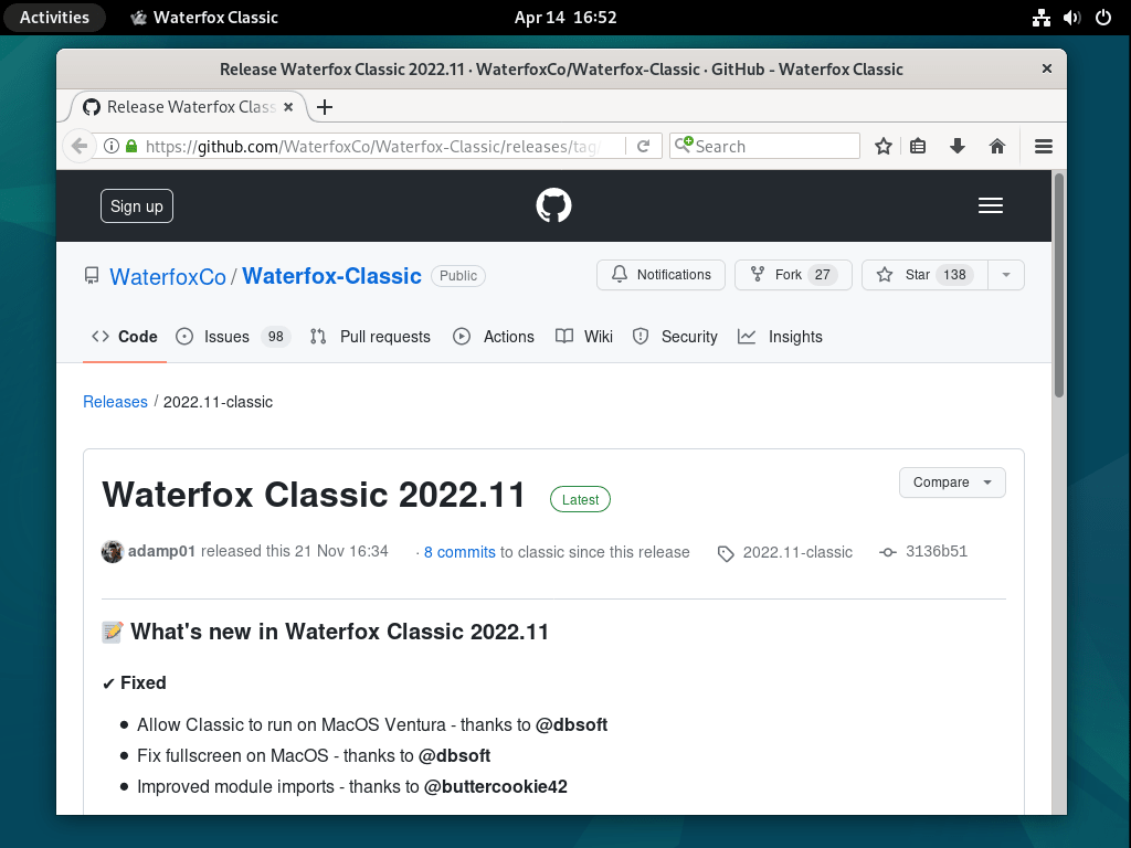 Debian Linux 上的 Waterfox Classic