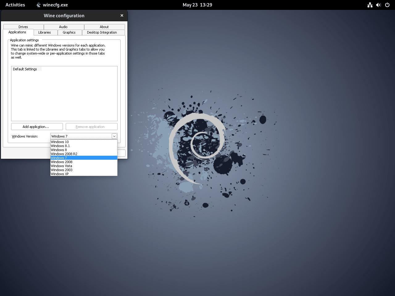 Wine configuration on Debian Linux