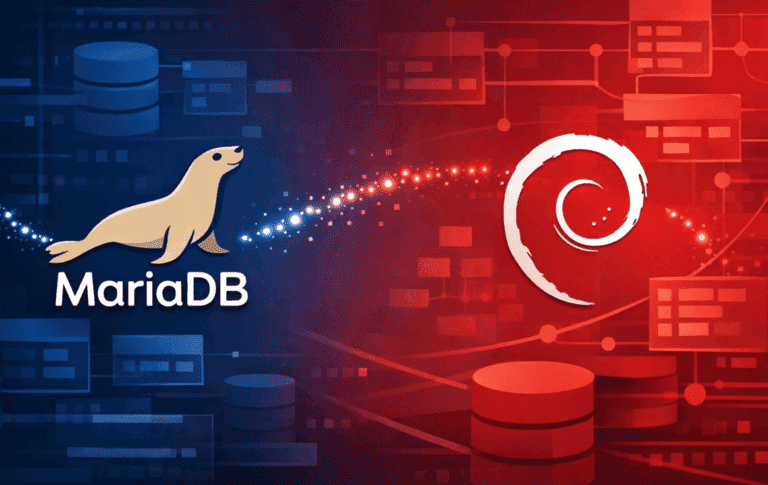 MariaDB and Debian logos over a database-themed background representing MariaDB installation and administration on Debian Linux.