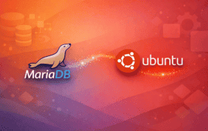 MariaDB seal logo and Ubuntu logo connected by particle effects on gradient background with database and security iconography