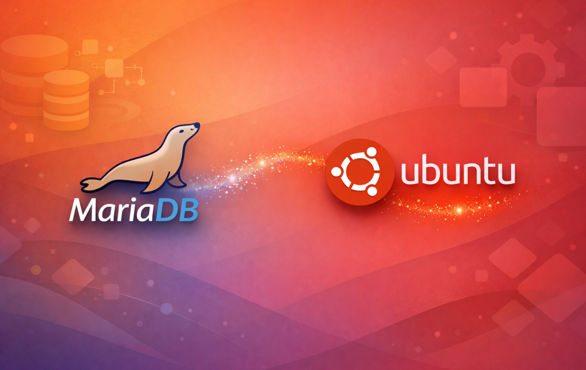 MariaDB seal logo and Ubuntu logo connected by particle effects on gradient background with database and security iconography