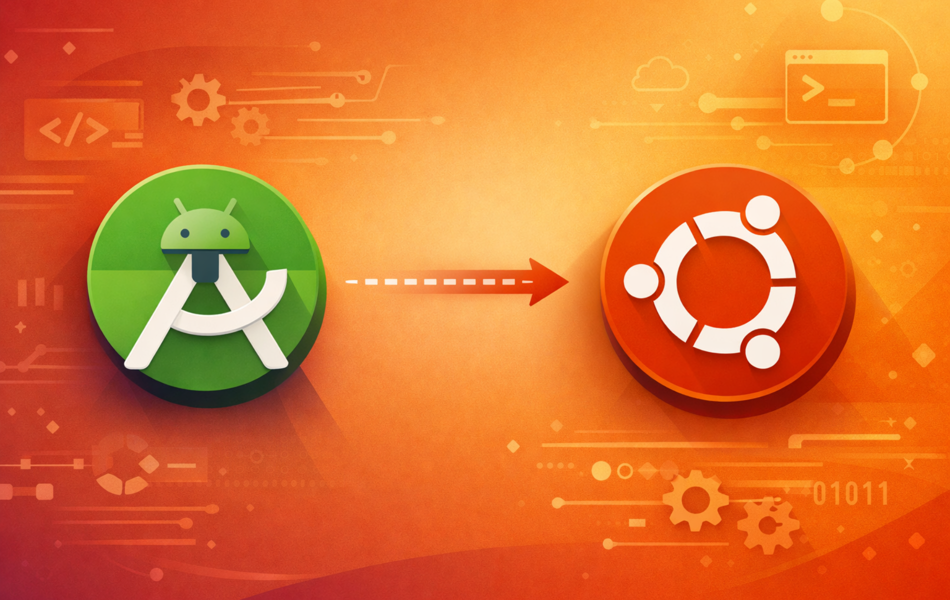 Android Studio and Ubuntu logos connected by arrow on orange gradient background with development symbols