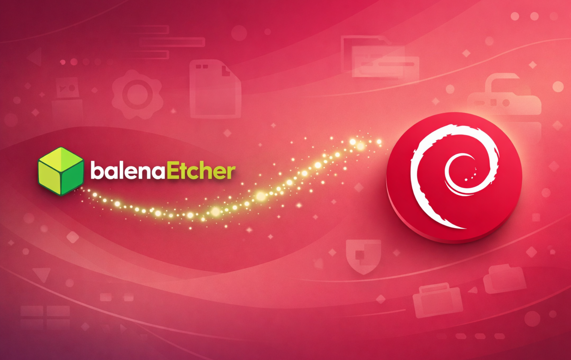 balenaEtcher and Debian logos representing bootable USB drive creation on Debian Linux systems