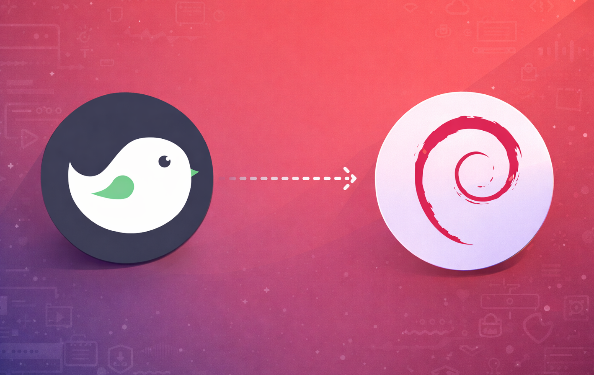 Budgie Desktop logo with arrow pointing to Debian swirl logo, representing installation guide for Debian Linux