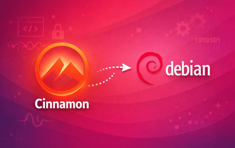 Cinnamon desktop environment logo with arrow pointing to Debian logo, representing installation on Debian Linux systems