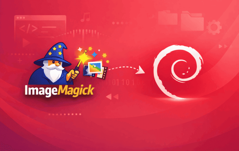 ImageMagick wizard mascot with wand transforming images toward the Debian swirl logo on a red background