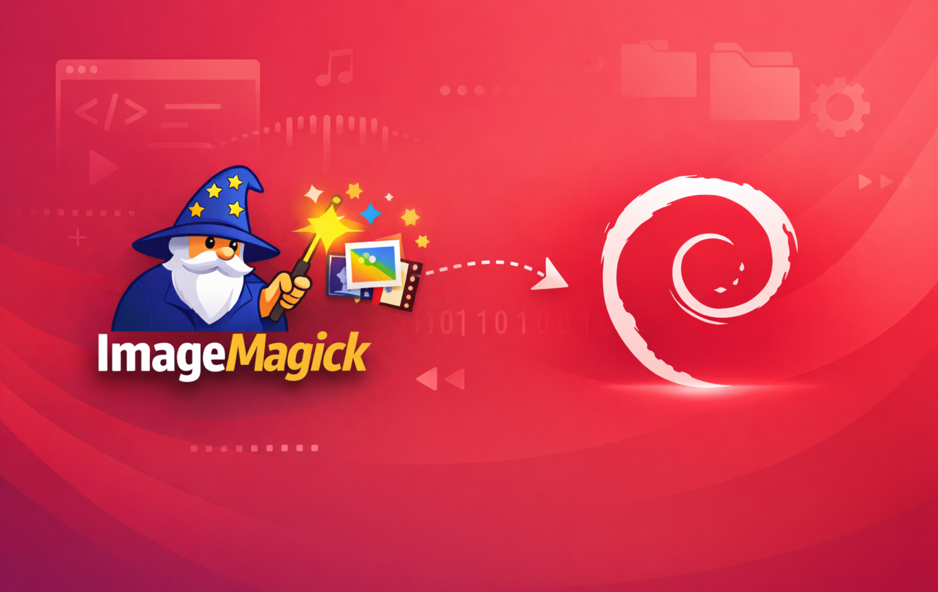 ImageMagick wizard mascot with wand transforming images toward the Debian swirl logo on a red background