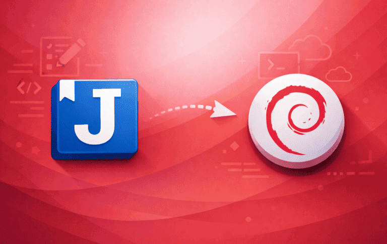 Joplin note-taking application logo with arrow pointing to Debian Linux logo on red background with cloud sync icons