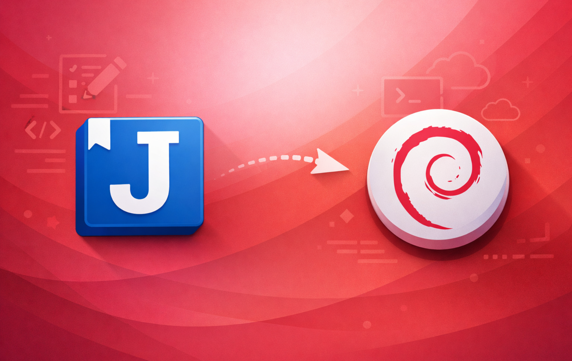 Joplin note-taking application logo with arrow pointing to Debian Linux logo on red background with cloud sync icons