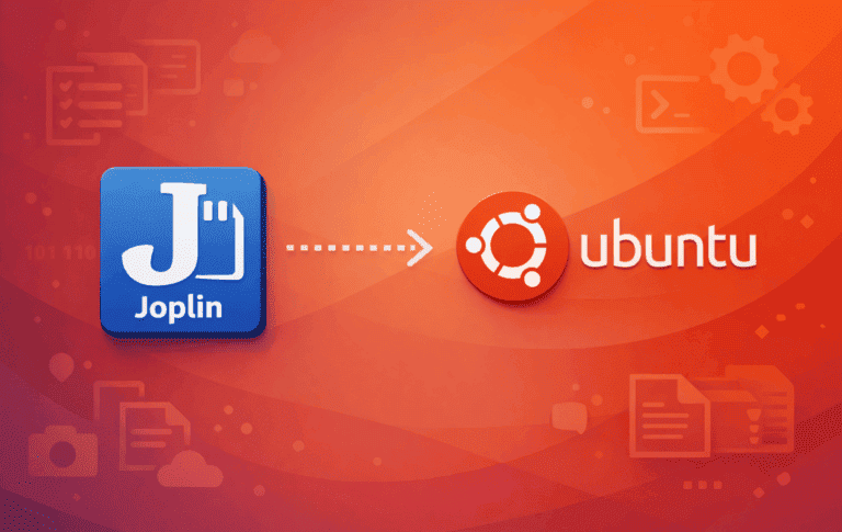 Joplin note-taking application logo with arrow pointing to Ubuntu logo on orange gradient background with document icons