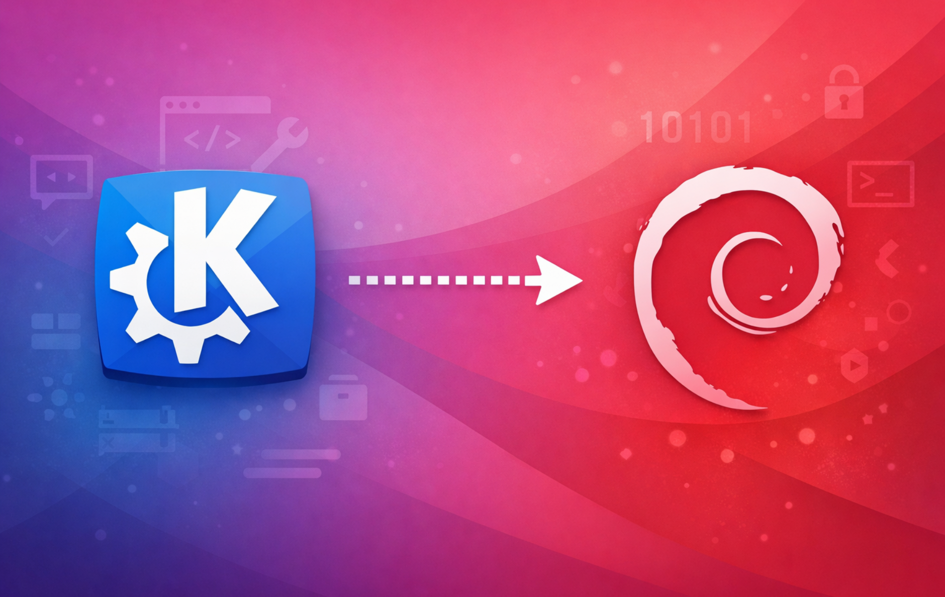 KDE Plasma logo with arrow pointing to Debian swirl logo on purple and red gradient background