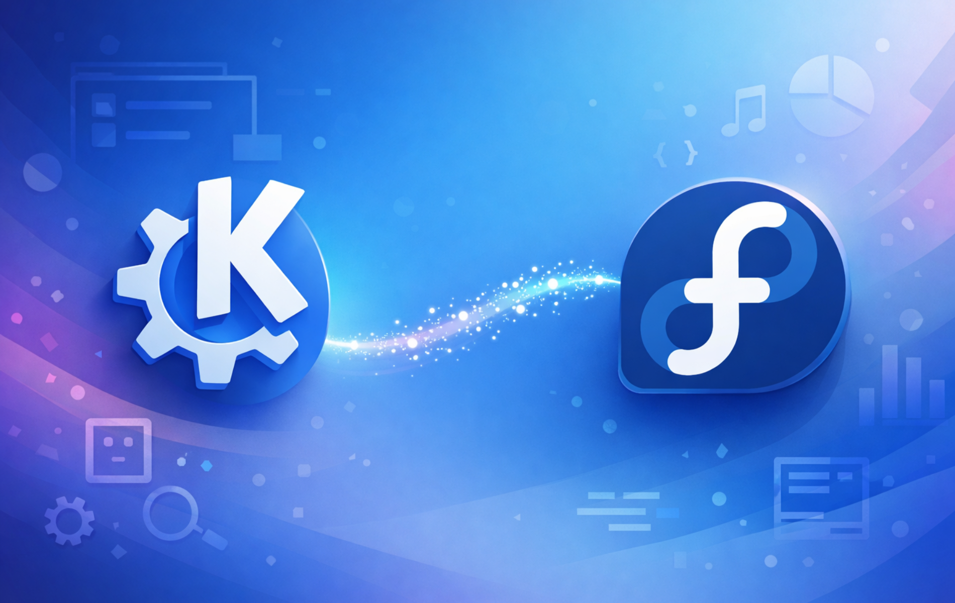 KDE Plasma and Fedora logos on a blue gradient background with abstract desktop icons