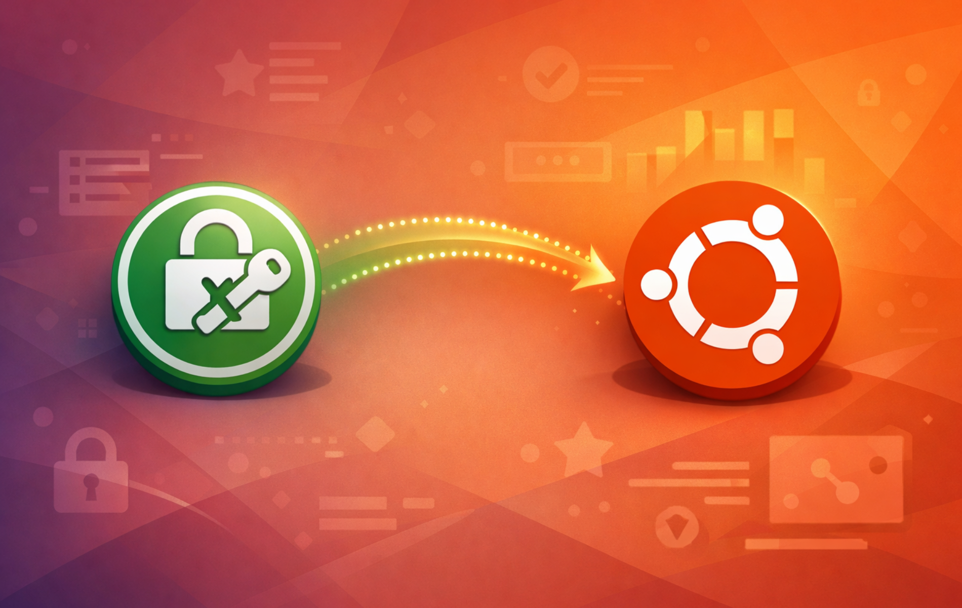 KeePassXC logo with padlock and key connecting to Ubuntu logo on orange gradient background