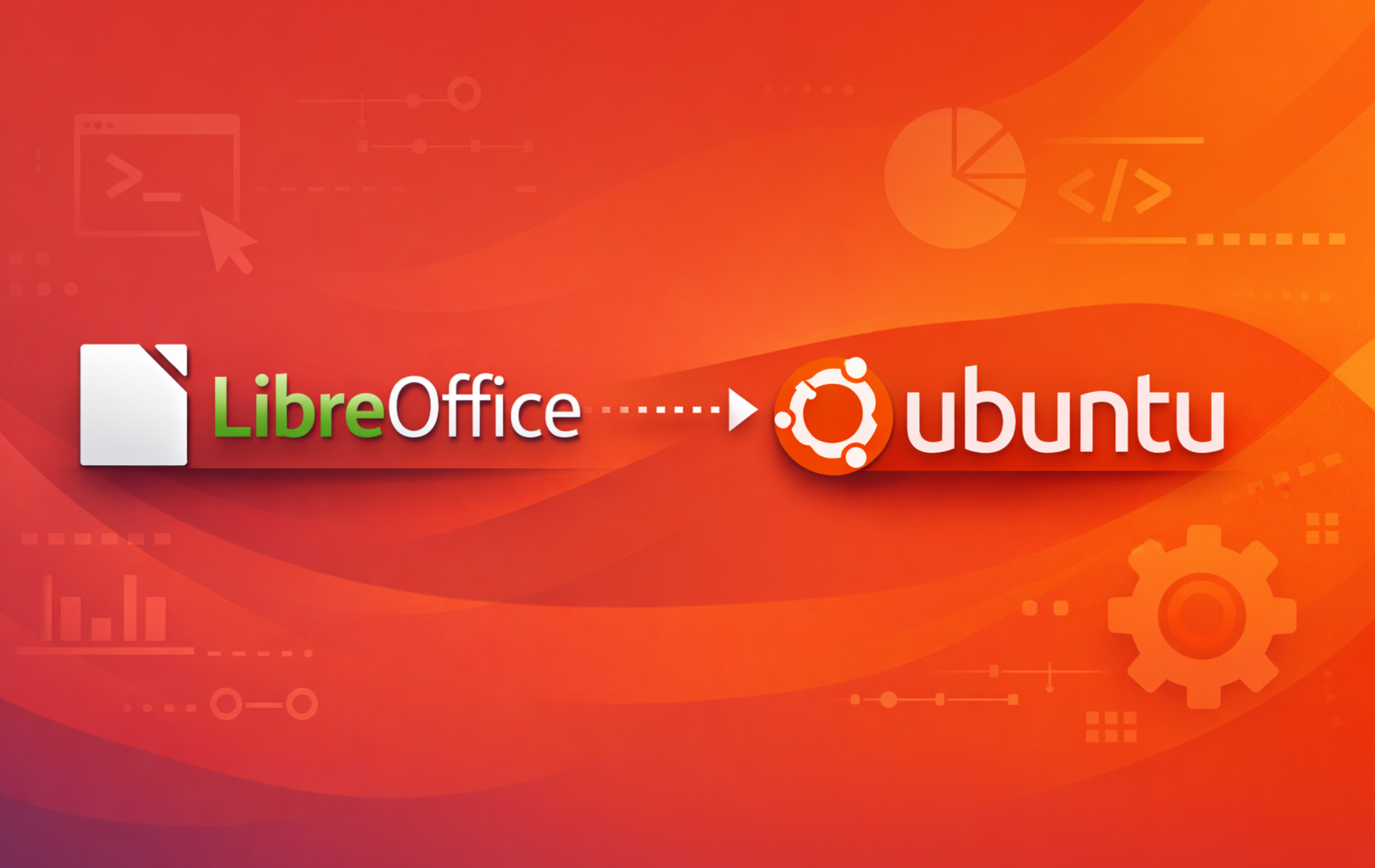 LibreOffice office suite logo with arrow pointing to Ubuntu logo on gradient orange background with tech elements