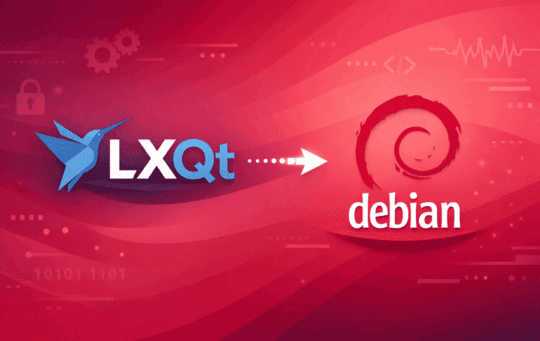 LXQt lightweight desktop environment logo with arrow pointing to Debian Linux swirl logo