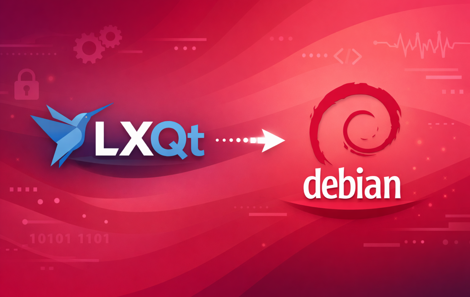 LXQt lightweight desktop environment logo with arrow pointing to Debian Linux swirl logo
