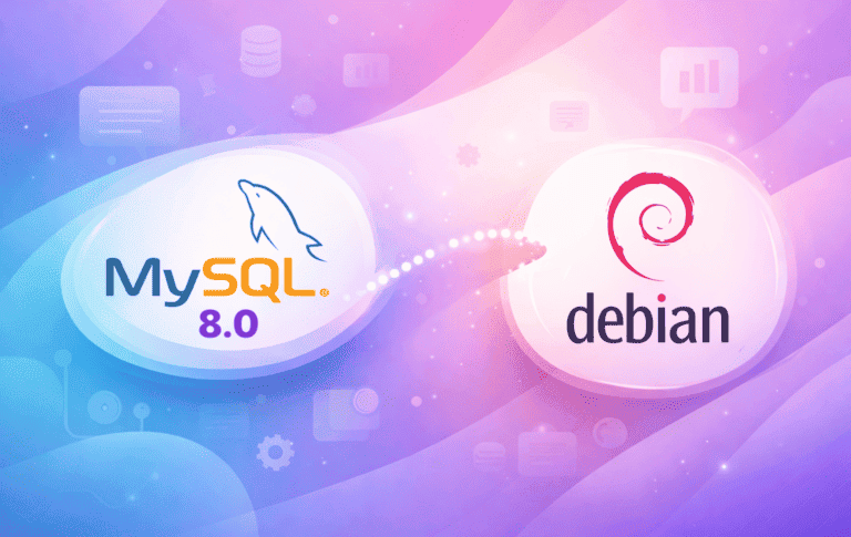 MySQL 8.0 and Debian logos connected, representing database installation on Debian Linux