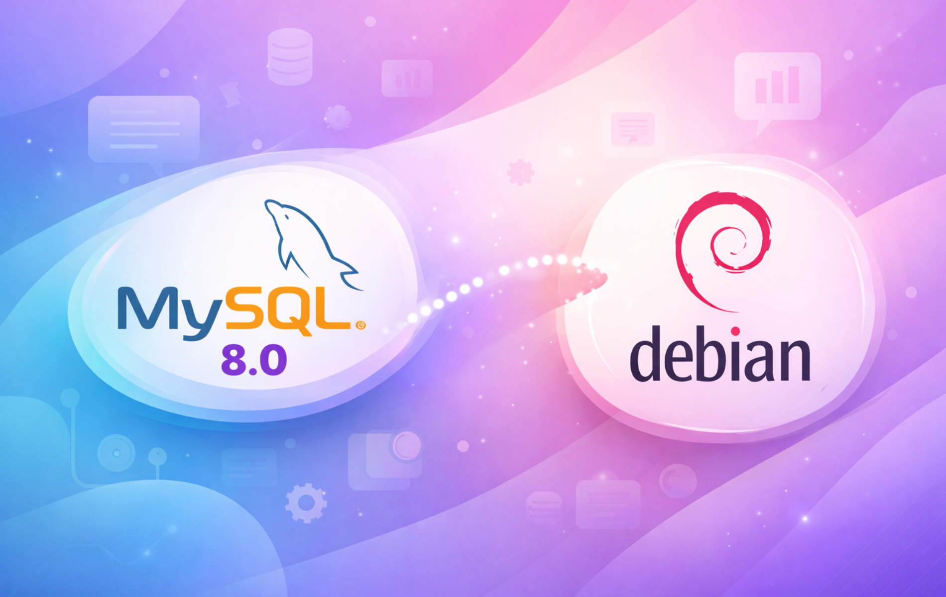MySQL 8.0 and Debian logos connected, representing database installation on Debian Linux