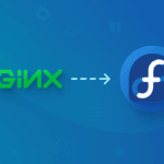 Nginx logo with arrow pointing to Fedora logo on blue tech background
