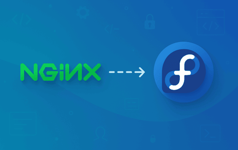 Nginx logo with arrow pointing to Fedora logo on blue tech background