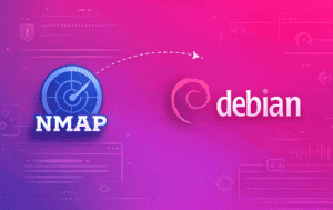 Nmap network scanner logo with arrow pointing to Debian Linux logo on pink gradient background