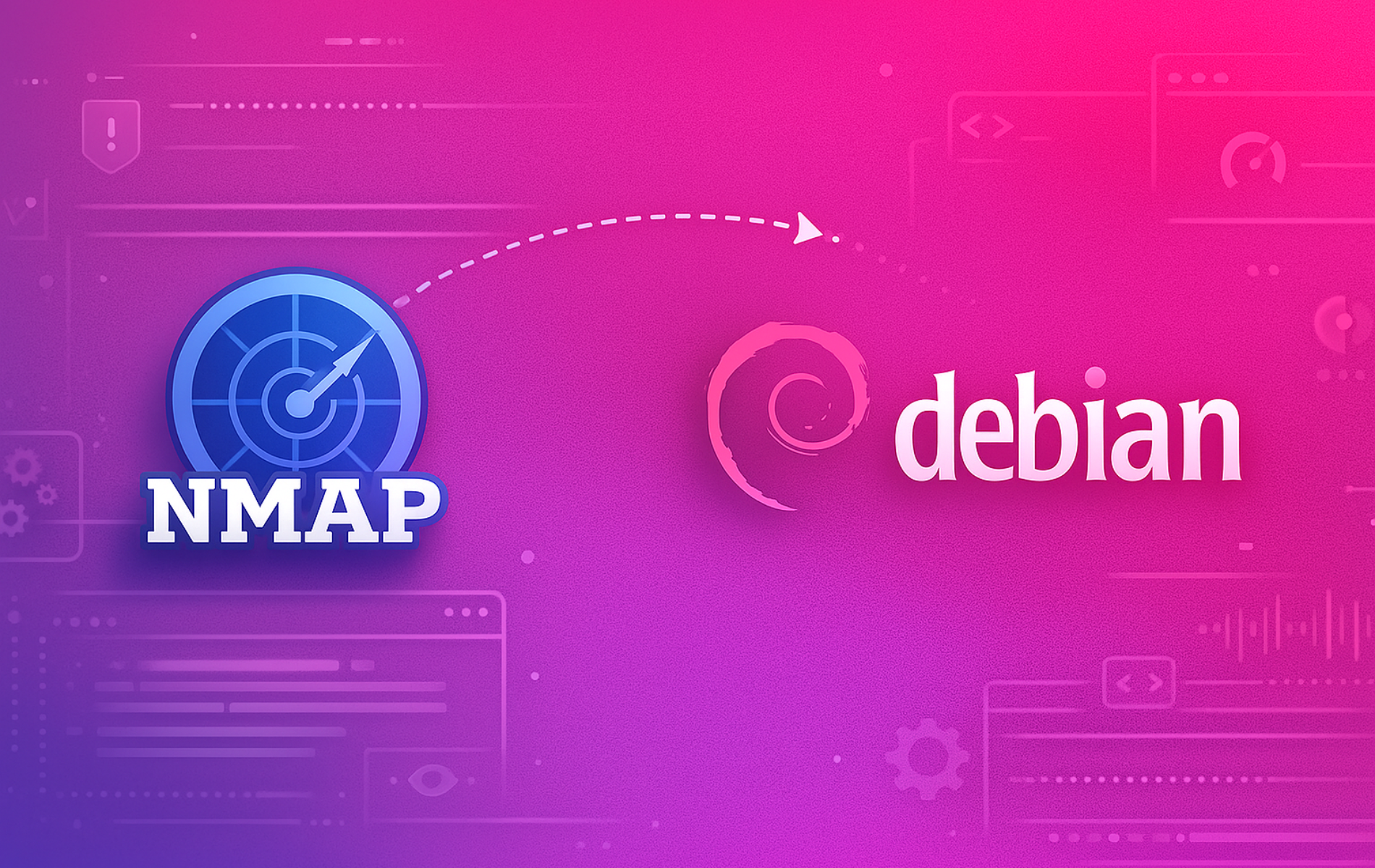 Nmap network scanner logo with arrow pointing to Debian Linux logo on pink gradient background