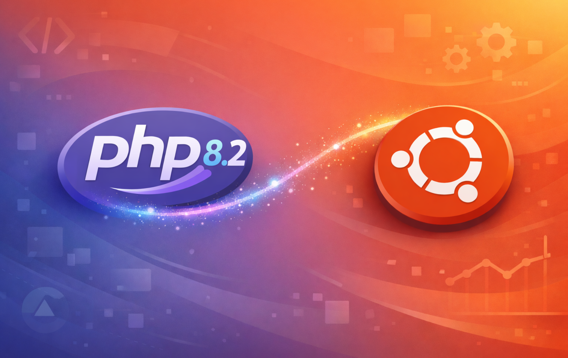 PHP 8.2 and Ubuntu logos on a gradient background with code symbols